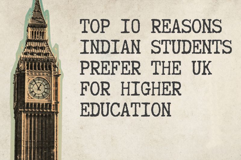 Illustration of Big Ben alongside the text "Top 10 Reasons Indian Students Prefer the UK for Higher Education" on a textured beige background.
