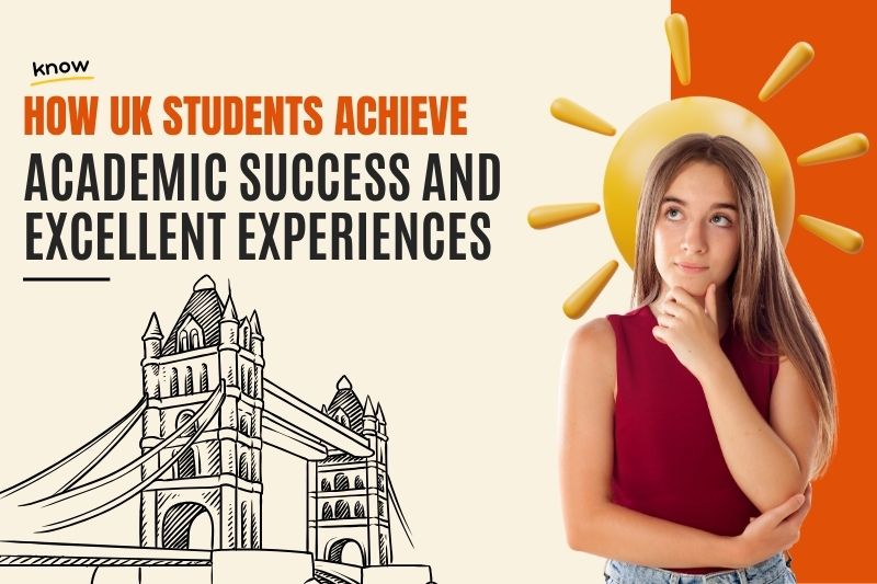 Banner showing the text “How UK Students Achieve Academic Success and Excellent Experiences” alongside an illustration of London’s Tower Bridge. On the right, a thoughtful young woman in a sleeveless red top looks upward, with a stylized lightbulb graphic behind her head, set against an orange and cream background.