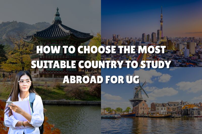 Promotional banner showing a collage of international scenes, including a traditional East Asian pavilion, a modern city skyline with a tall tower, and a European canal with windmills. In the foreground, a female student holding books stands on the left. Overlaid text reads: “How to Choose the Most Suitable Country to Study Abroad for UG.”