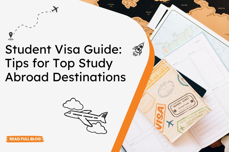 Banner for a student visa guide featuring travel-themed graphics, a passport with visa stamps, maps, and the text “Tips for Top Study Abroad Destinations.