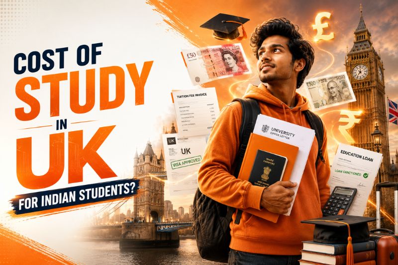 Promotional banner showing an Indian student holding a passport, university offer letter, and education loan documents with UK landmarks, tuition fee invoice, visa approval, and currency symbols, highlighting the cost of studying in the UK for Indian students.